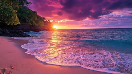 Wall Mural - vibrant sunset over tropical beach with ocean waves.
