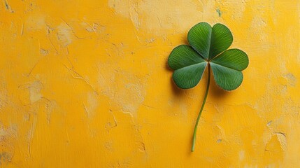 Wall Mural - Green Clover Leaf on Yellow Textured Background