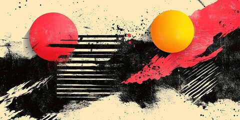 Poster - Abstract composition with geometric shapes and textured splashes in vibrant colors