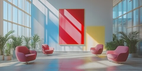 Poster - Bright and modern lounge area with colorful decor and natural light in a contemporary setting