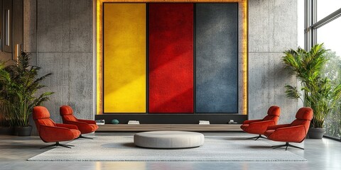 Poster - Vibrant interior design featuring modern artwork and stylish seating in a bright living space
