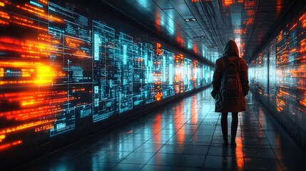 Poster - Mysterious Figure in Futuristic Corridor Surrounded by Glowing Data Streams and Digital Projections, Exploring a High-Tech Environment of Innovation and Technology