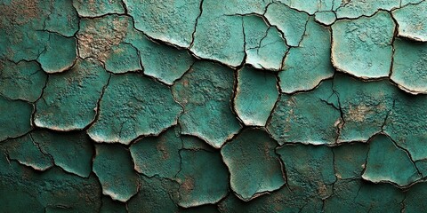 Poster - Weathered teal surface reveals cracked patterns in a textured layer during daylight, showcasing intricate details of decay