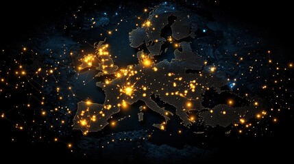 Poster - satellite view of earth at night with city lights and glowing lines connecting major urban centers, 
