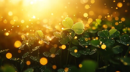 Wall Mural - Golden Sunlight Illuminates Dewy Shamrock Leaves