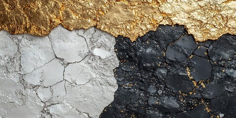 Poster - Unique texture of cracked surfaces with gold accents contrasting black and white layers