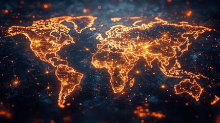 Fototapete - Stunning glowing world map with interconnected lines and dots, representing global connectivity and digital networks in a vibrant and dynamic atmosphere.