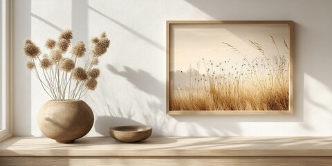 Poster - Cozy interior featuring dried flowers and a golden grass framed artwork in natural light