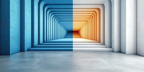Poster - Abstract architectural design featuring blue and orange color gradient in a modern space with curved lines