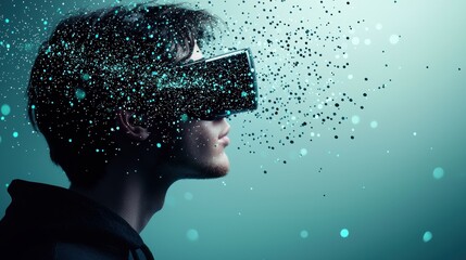 Poster - a person wearing a vr headset immersed in a virtual environment filled with glowing lines, data poin