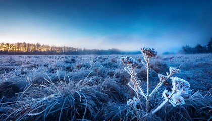 frozen icy plant life in wintry weather frost included wildflowers in iciness field on the night or mourning cold iciness season frosty weather herbal blue and white heritage with copy area