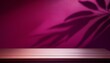 © Mitchel - empty table on bright crimson wall history composition with leaves shadow on the wall and purple table mock up for presentation branding merchandise cosmetics meals or jewelry