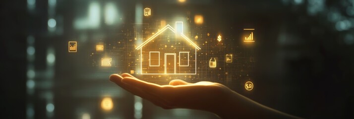 Poster - Open hand holding a glowing hologram of a house, symbolizing property investment, mortgage, and the future of real estate in a technological world, surrounded by financial icons