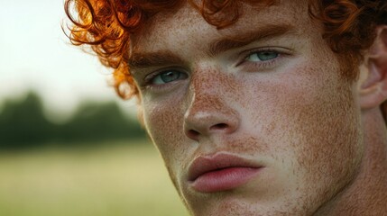 Wall Mural - Red haired freckled young man portrait outdoors