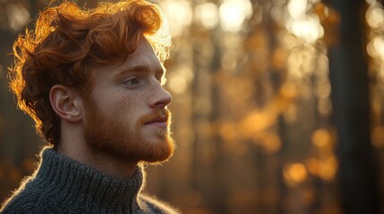 Wall Mural - Redhead Man Contemplating in Autumnal Woods