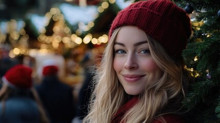 Poster - Smiling Blonde Woman Standing in Christmas Market Square