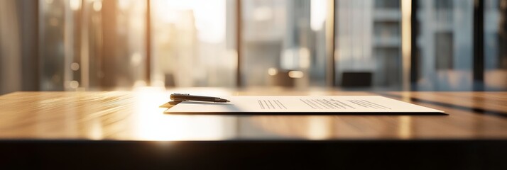 Aufkleber - Pen resting on a contract ready for signing on a wooden desk in a modern office with a blurred cityscape view during sunset, signifying a significant business deal or agreement