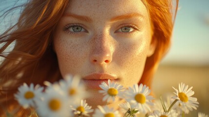 Wall Mural - Redhead woman with freckles surrounded by daisies