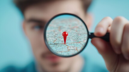 Poster - A hand holding a magnifying glass over a map, with a red location pin in focus, highlighting the process of searching for and pinpointing a specific destination.