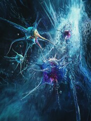 Poster - antibodies attacking a virus in a dynamic depiction of immune response at a microscopic level. gener