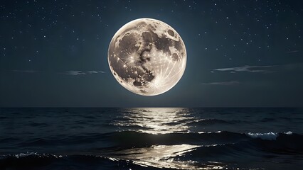 Serene nightscape featuring a luminous full moon casting its radiant glow upon a tranquil ocean under a starlit sky.