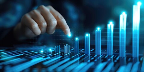 Poster - Futuristic Data Visualization with Hand Touching Interactive Graph and Digital Interface in Blue Tones