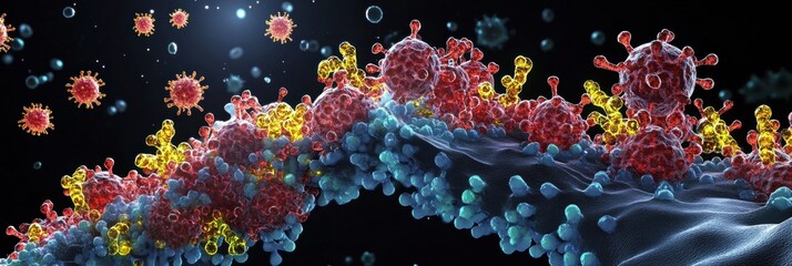 Poster - Detailed 3D visualization of a virus structure revealing capsid, spikes, RNA strands, and glowing molecular elements. Generative AI