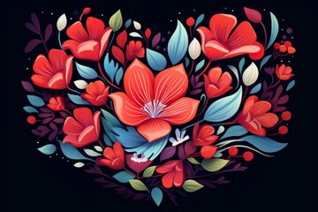 Poster - beautiful red flowers and blue leaves creating a heart shape over a black background