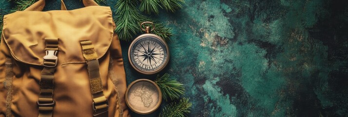 Aufkleber - Exploring nature with a backpack compass and map surrounded by lush forest greenery on a calm day. Generative AI