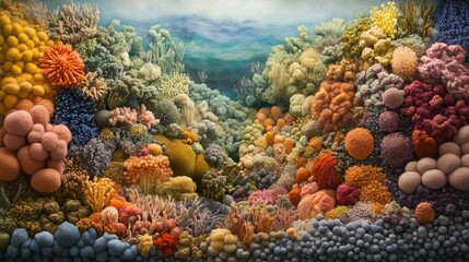 Poster - Bacteria forms and textures create vibrant underwater landscape resembling coral reefs. Generative AI