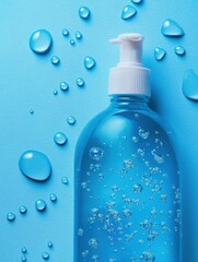 Aufkleber - Droplets of sanitizer rest on a blue background while effectively eliminating bacteria for cleanliness. Generative AI