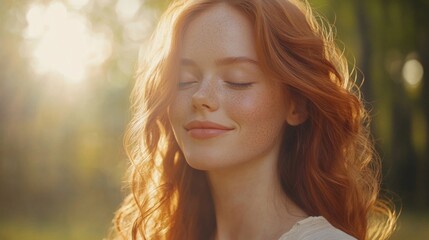 Wall Mural - Red haired woman serene in sunlight nature