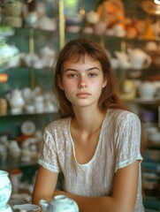 Wall Mural - Casual Chic: Teenage Girl in a Rustic Cafe