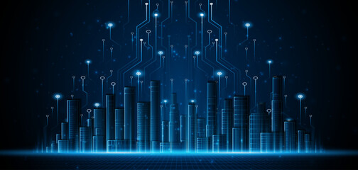 Aufkleber - Smart city with skyscrapers that light up at night. Concept of future technology city architecture Digital high-tech city design. technology city background	