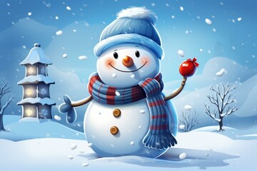 Poster - Happy snowman wearing blue hat and striped scarf holding christmas ornament in snowy winter landscape with pagoda