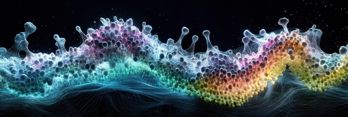 Poster - Detailed 3D visualization reveals intricate structure of virus with capside, spikes, and glowing RNA strands. Generative AI