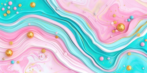 Poster - Abstract Fluid Art in Pastel Colors with Gold Accents and Smooth Wavy Patterns