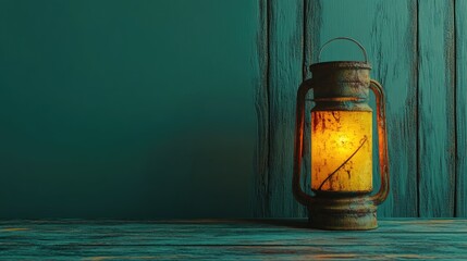 Poster - Rustic Lantern Illuminates Wooden Surface Background