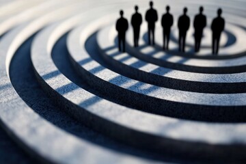 Poster - Silhouetted Figures Standing on Circular Patterns in a Modern Abstract Setting