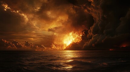 Poster - Fiery Volcanic Eruption Over Dark Ocean Waters