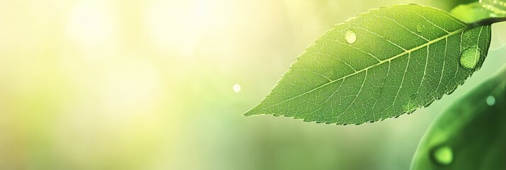 Poster - Beautiful green leaf with water drops reflecting sunlight in spring, creating a fresh and vibrant image of nature's beauty, ideal for projects related to environment, ecology, and growth