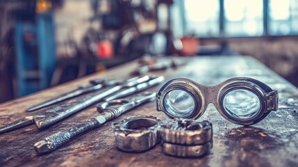 Aufkleber - Vintage Safety Glasses Resting On A Workshop Bench