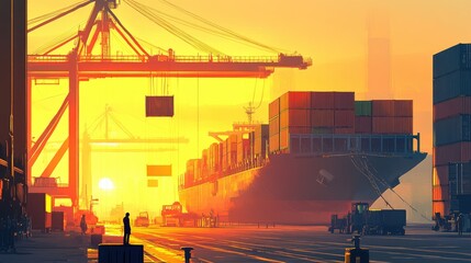 Poster - Golden Sunrise Over Busy Container Port Docks