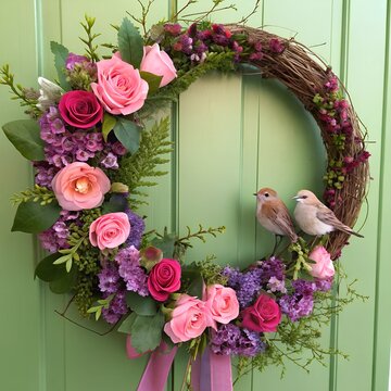 Happy Valentine’s Day Wreath with Birds, Pink and Purple Flowers, green Background