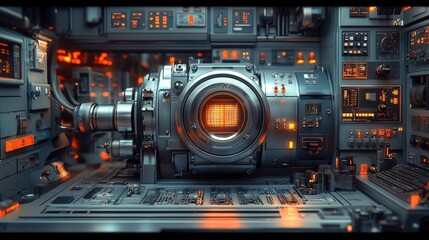 Poster - Futuristic Control Room Interior with Advanced Machinery, Screens, and Buttons in Science Fiction Setting Brightly Lit with Orange and Blue Accents