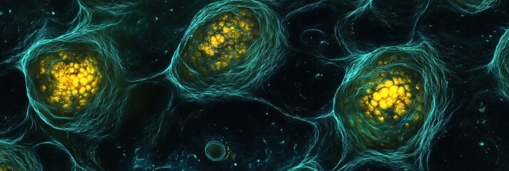 Aufkleber - Microscopic view of cancer cells displaying glowing edges under high magnification at a laboratory setting. Generative AI