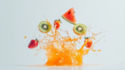 Aufkleber - Fresh kiwi, strawberry, and watermelon slices splashing into a puddle of orange juice create a vibrant explosion of color and flavor against a light blue background