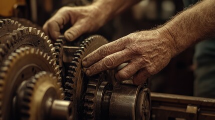 Poster - Weathered Hands Carefully Adjust Industrial Gears