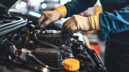 Poster - Mechanic repairing a cars engine compartment