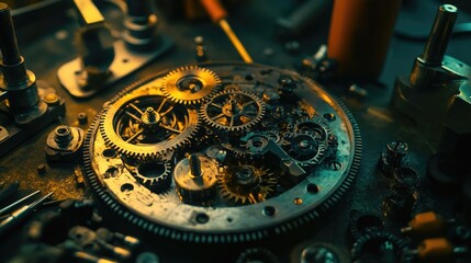 Poster - Intricate Clockwork Gears Mechanism Detailed Close Up